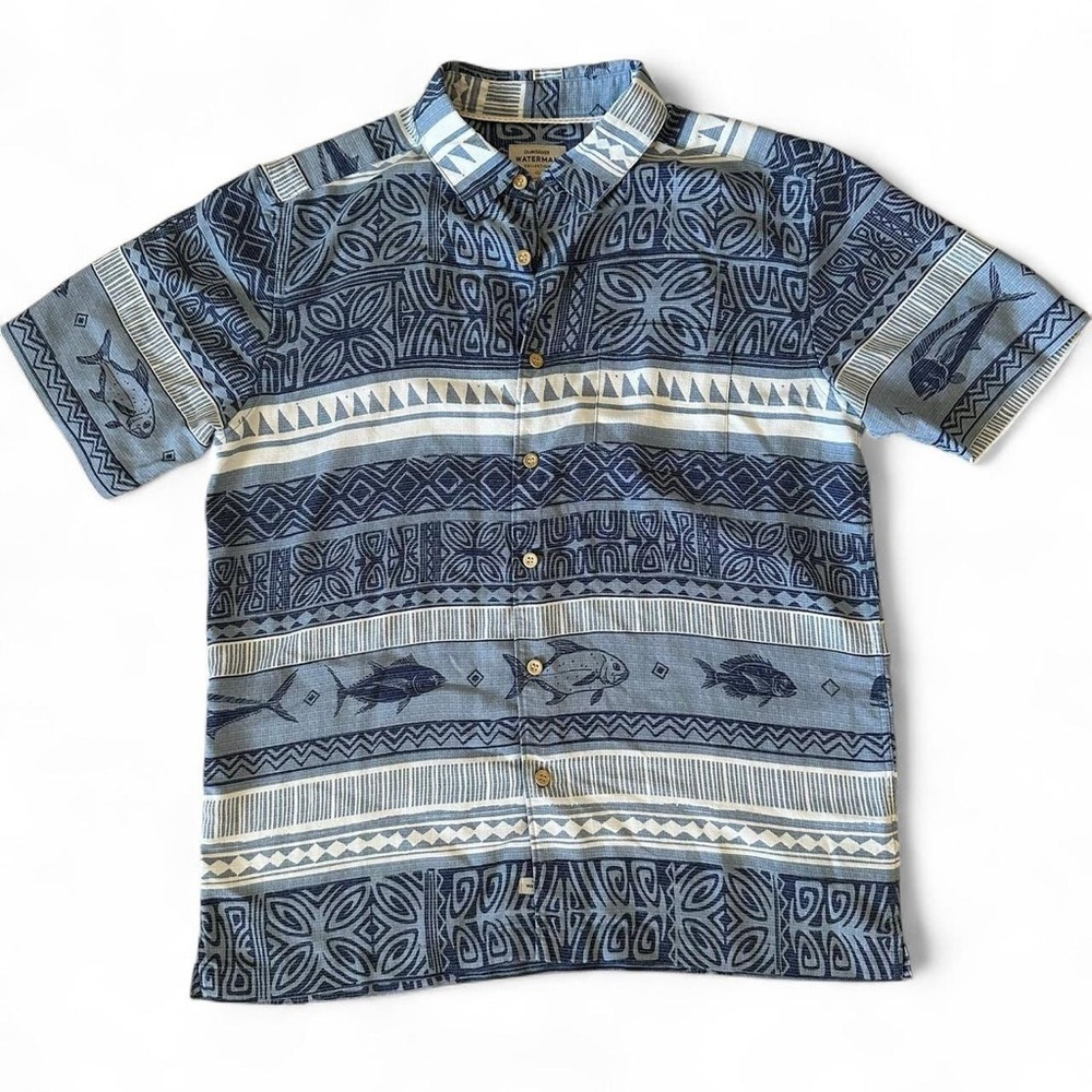 Quiksilver Waterman Collection Blue and White Patterned Fish Shirt